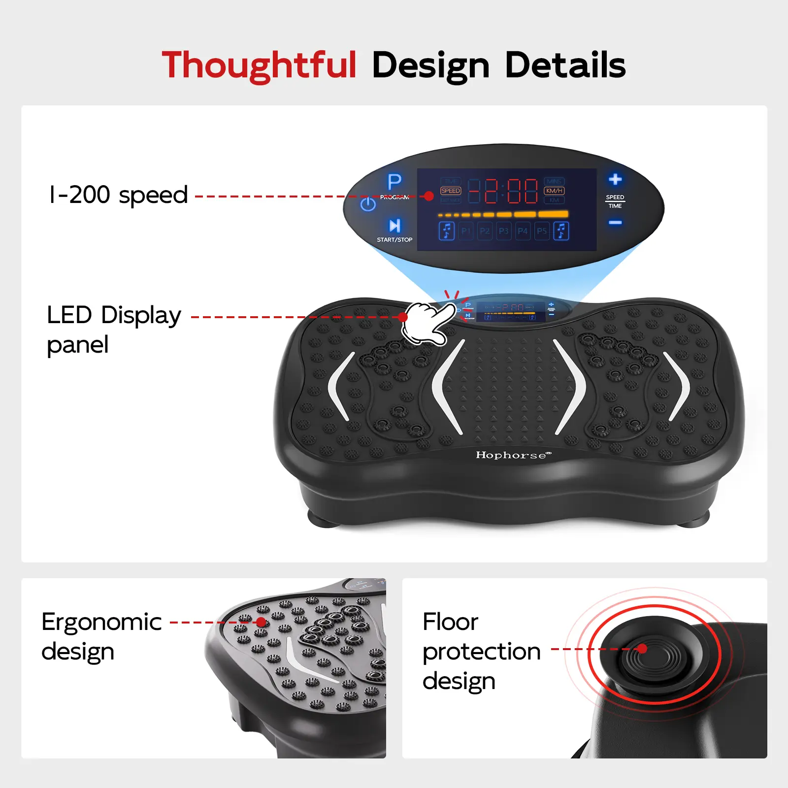 HopHorse Adjustable Speed Vibration Plate  Quiet Home Exercise Equipment  for Full Body Fitness, Multifunctional Walking Pad