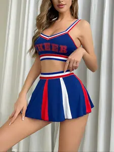 Women's Colorblock Cheerleading Uniform Set, Cheerleader Costume Set, Cute Bandeau Bra & Skirt Set for Cosplay Party, Ladies Underwear Set