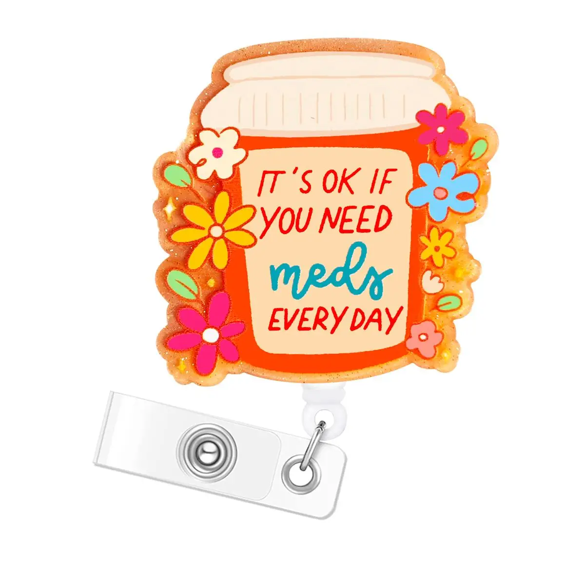 Glitter Acrylic Retractable Badge Holder, 1 Count Floral & Letter Pattern ID Badge Holder for Nurse Doctor Student Worker Volunteers