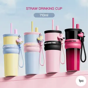 710ML Stainless Steel Coffee Cup, Large Capacity Car Mug, Tumbler, Vacuum Insulated, Keeps Hot/cold, with Handle, Straw, Cute Figure, Ideal for Office, Students, Camping