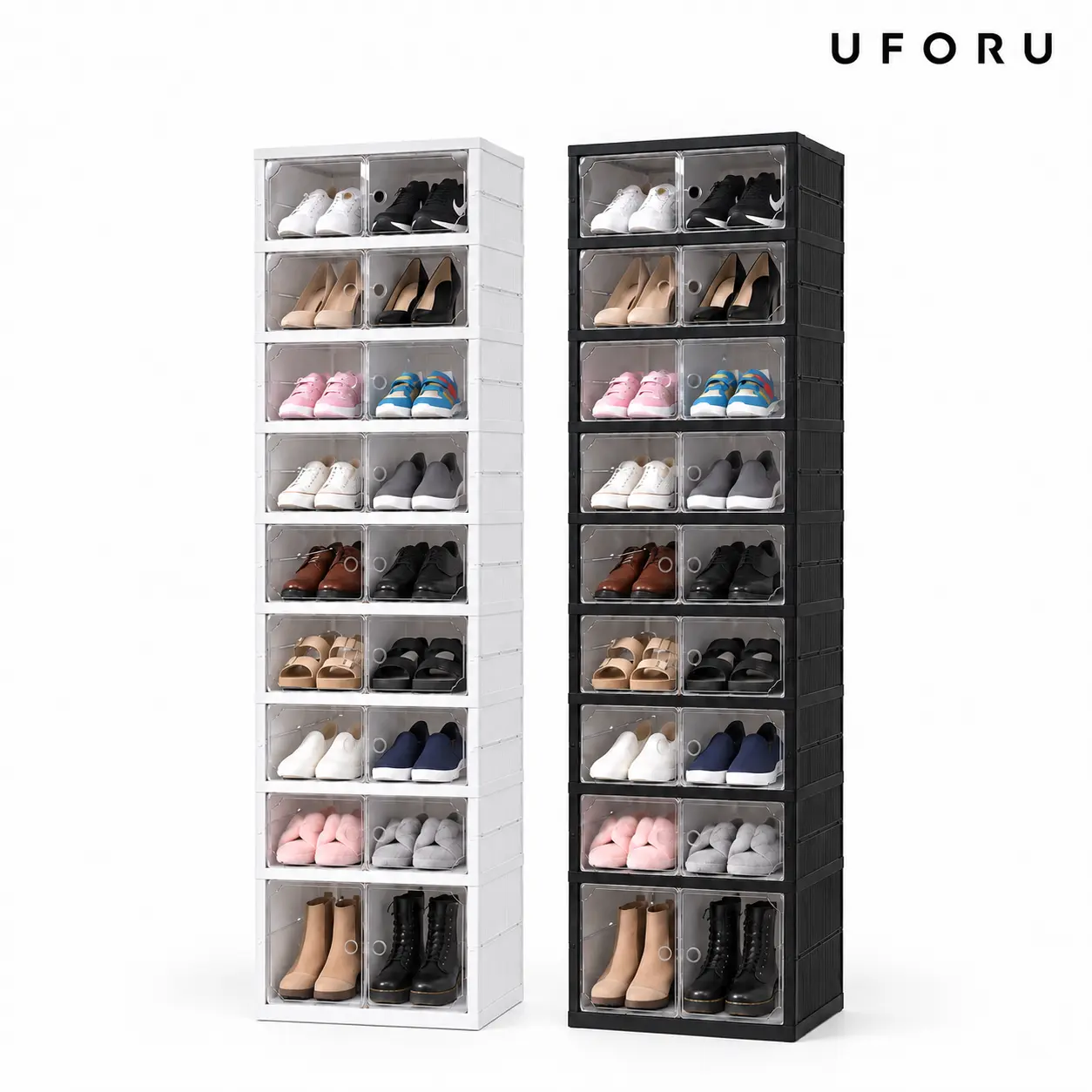 UFORU 9-Layer Black Vertical Shoe Rack Organizer - Magnetic Transparent Door Plastic Cabinet, Stackable Sturdy Modular Closets Storage, No-Installation Dorm Finds Solution for Sneakers (Holds 18 Pairs)