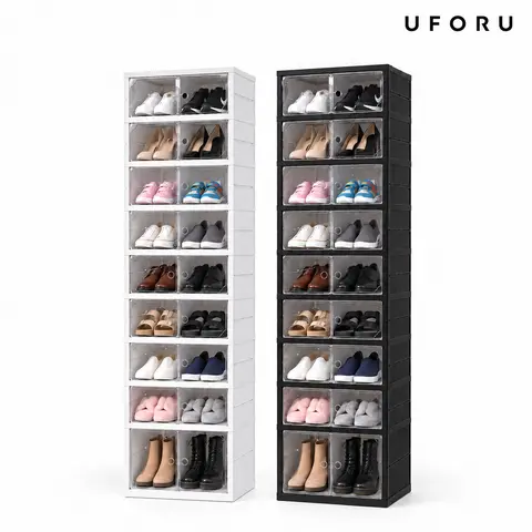 UFORU 9-Layer Black Vertical Collapsible Shoe Rack Organizer - Magnetic Transparent Door Plastic Cabinet, Stackable Sturdy Closet Storage, Collapsible Storage Solutions, Display Shelf for Sneakers (Holds 18 Pairs), No-Installation for Wardrobe Dorm Room