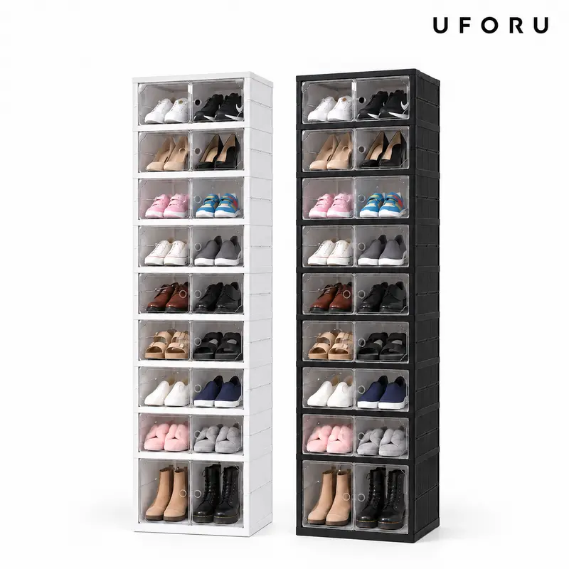 UFORU 9-Layer Black Vertical Collapsible Shoe Rack Organizer - Magnetic Transparent Door Plastic Cabinet, Stackable Sturdy Closet Storage, Collapsible Storage Solutions, Display Shelf for Sneakers (Holds 18 Pairs), No-Installation for Wardrobe Dorm Room