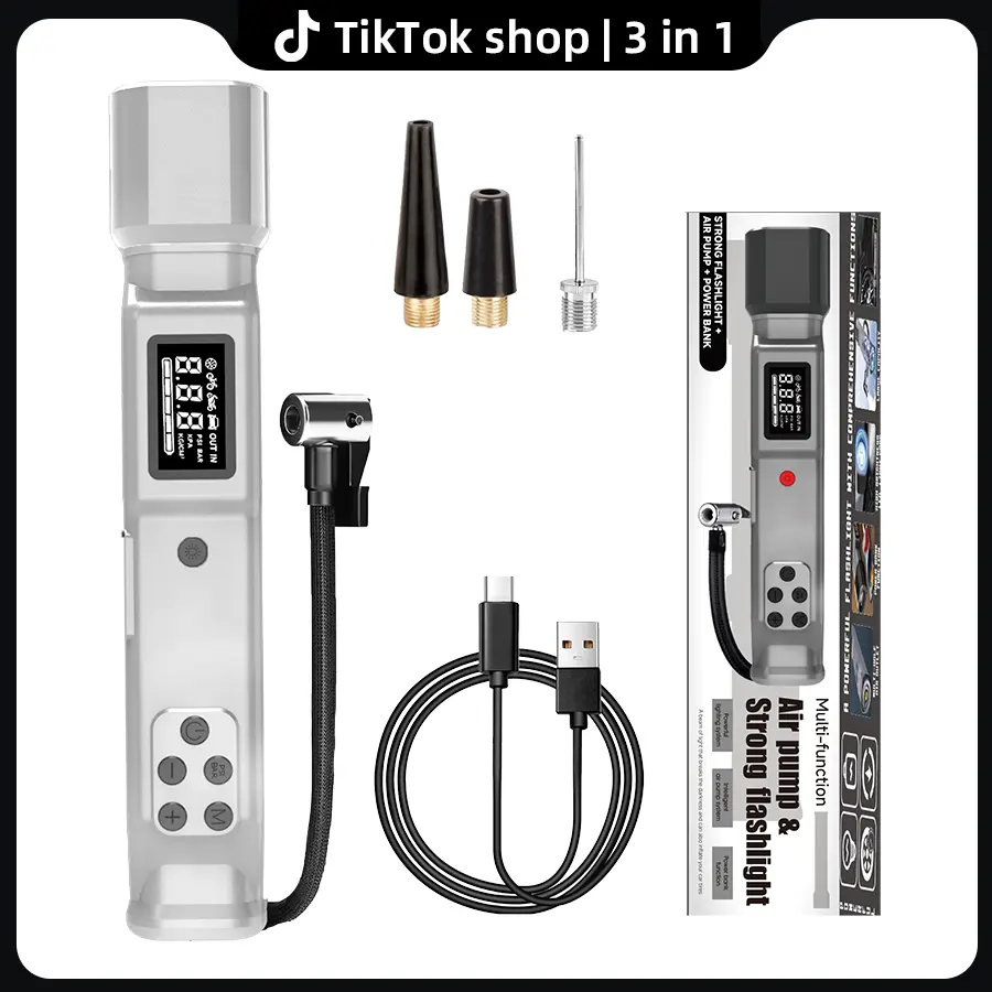 3-in-1 Cordless Air Compressor & LED Flashlight: Portable Tire Inflator with Digital Display, USB Rechargeable Large Capacity Battery for Car Tires, Motorcycles, Bikes, Emergency Tools, Outdoor Camping, Hiking.