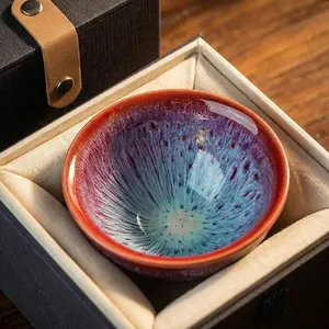 "Aurora Gradient" "Hare's Fur" Jianzhan Teacup — Handcrafted, Red-Rimmed, Artisanal Chinese Tea Ware. A Superb Choice for Collectors and Gifting: A Chinese-Style Teacup Featuring a Stunning Gradient Glaze.