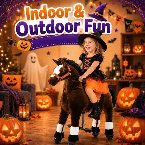Ride-On Horse Toy Mechanical Walking Plush Pony for Big Kids & Adults - Indoor and Outdoor Ride-On, No Battery Needed, 187lbs Max Load, Realistic Riding Experience, Unisex Learning Toy, Black/Brown/White