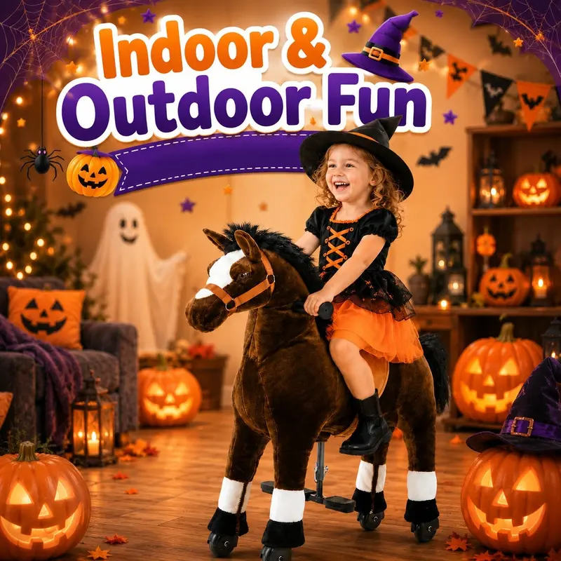 Ride-On Horse Toy Mechanical Walking Plush Pony for Big Kids & Adults - Indoor and Outdoor Ride-On, No Battery Needed, 187lbs Max Load, Realistic Riding Experience, Unisex Learning Toy, Black/Brown/White