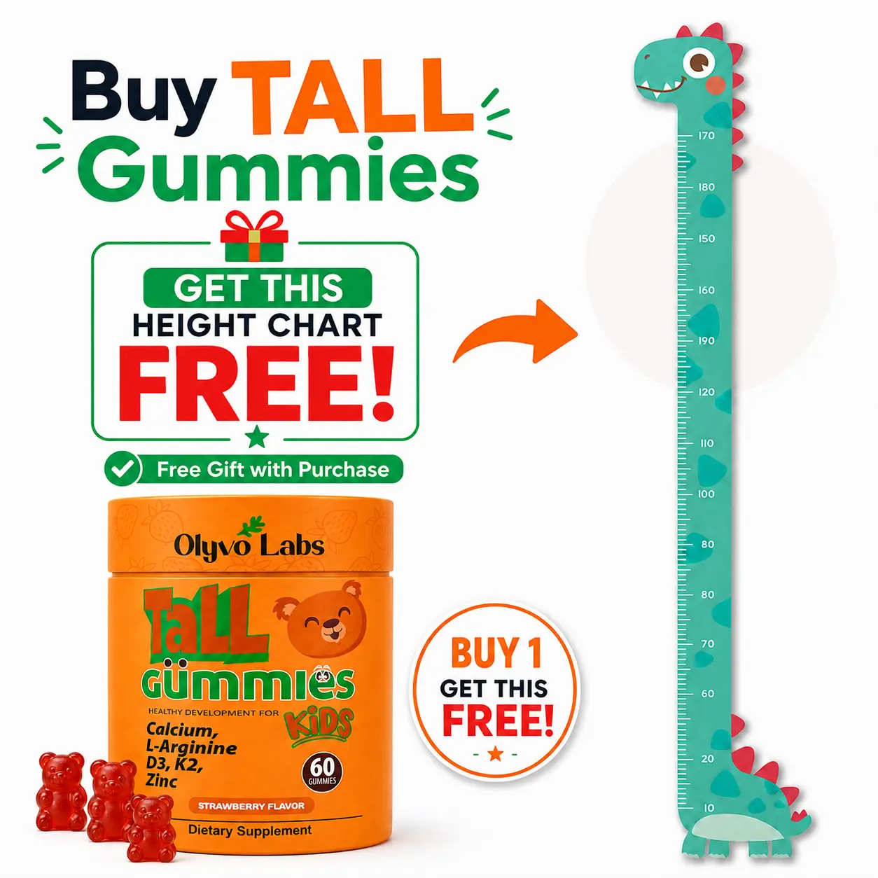 Olyvo Labs Kids Height Chart Wall Growth Tracker, Dinosaur Height Measuring Ruler for Boys & Girls, Nursery Bedroom Wall Measurement Chart, Child Height Tracker, Easy-to-Read Kids Growth Chart, FREE Gift with Eligible Tall Gummies Purchase