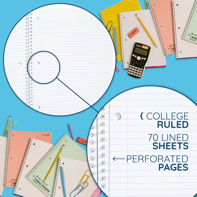 Pastel Spiral Notebook College Ruled, One Subject School Notebooks Spiral, Perforated Notebooks Bulk, 8 x 10.5 School Book, Paper, College Ruled, 6 Pack