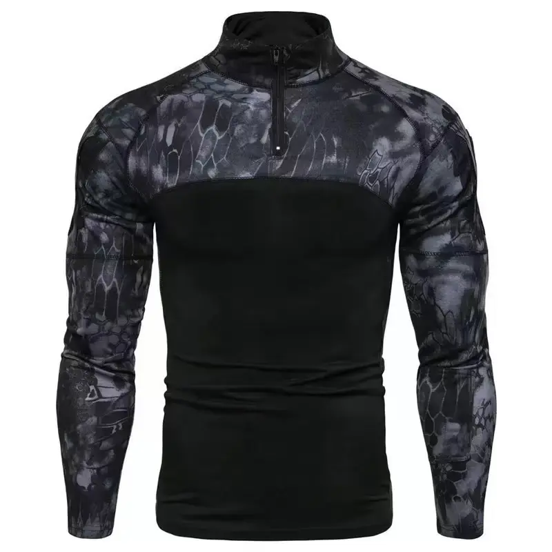 1pc Men's Tactical Camo Shirt with Snake Light Beige Pattern & zippered stand collar - Slim Fit Camouflage Clothing, Blend Knit Fabric for Outdoor Training, Hiking, CS Events, Paintball, Urban Search & Rescue