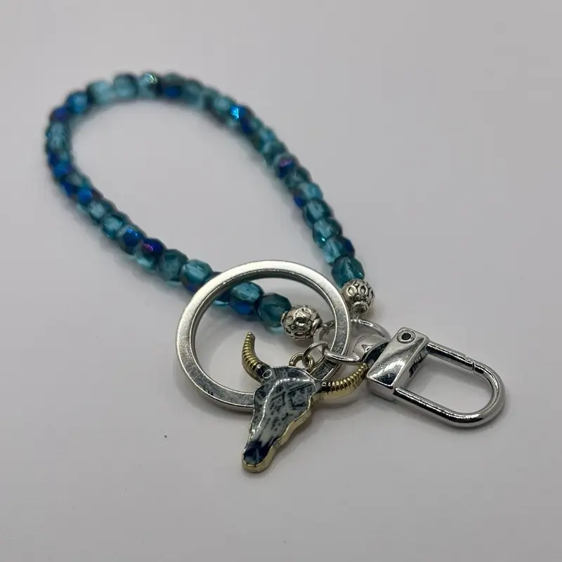 C.L.B Handmade Glass Dark Blue Key Chain with Crystal and Pearl Charm - Elegant Beaded Accessory for Everyday Use