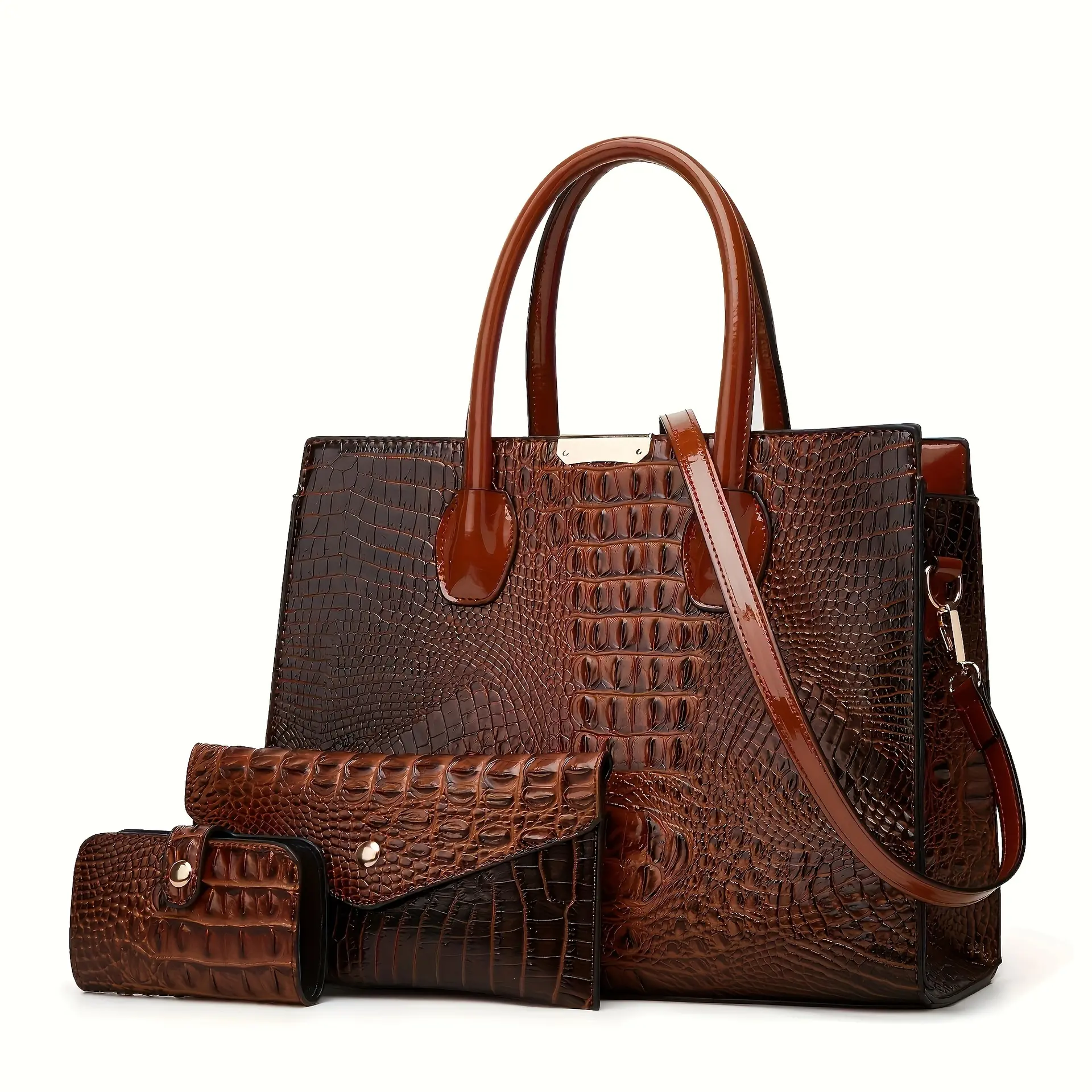 Women's Elegant PU Leather Crocodile Pattern Adjustable Saddle Tote Bag - Large Capacity Shoulder Bag with Wallet & Card Holder, Back-to-School Purse for Women