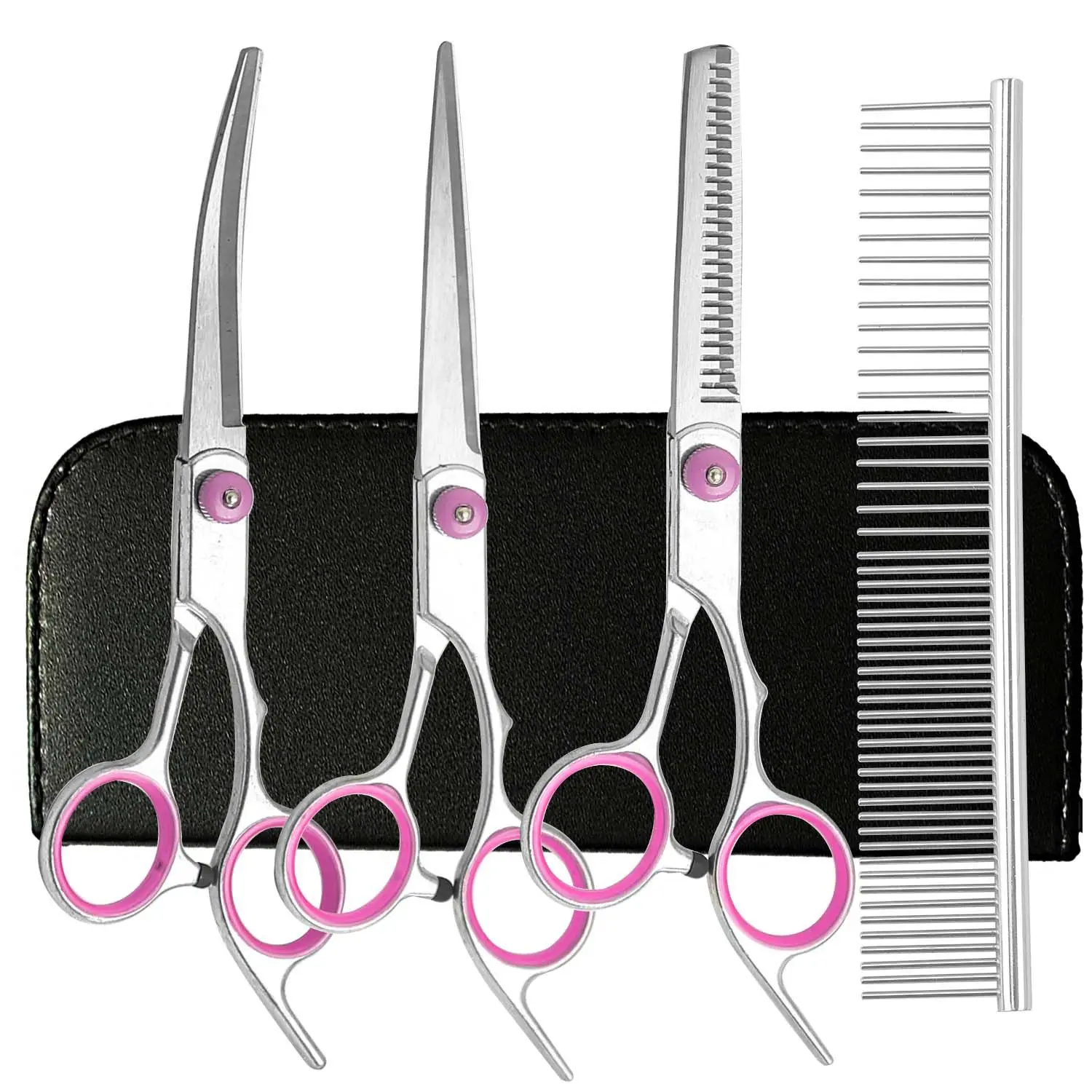 6.8 inch Straight Cutting, for Barbers, Pet Cat Dog, Grooming Scissors Set 5 Pieces Stainless Steel Professional Trimmer Kit, Salon Stylists & Home Use, Thinning Shears, Curved, Grooming Combs