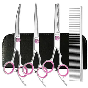 Grooming Scissors Set 5 Pieces Stainless Steel Professional Trimmer Kit - 7.5 inch Straight Cutting, for Barbers, Pet Cat Dog, Salon Stylists & Home Use, Thinning Shears, Curved, Grooming Combs