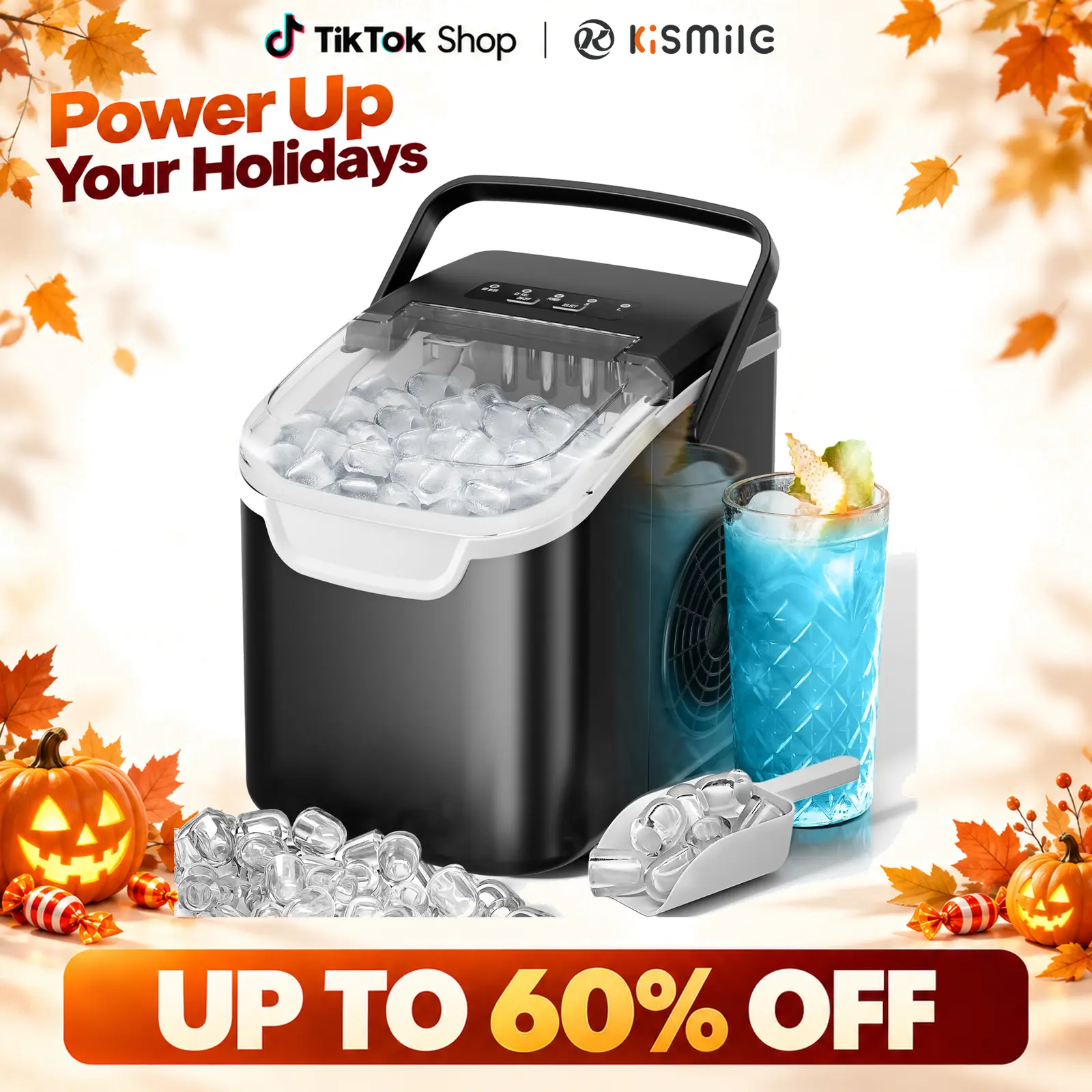 Kismile Compact Countertop Ice Maker Machine (Kitchen Appliances) - 8 Ice Cubes in 6 Mins, 26 lbs/Day, 2 Sizes, Energy Saving, Fast Freezing, Plastic & Brass Components, 8.66"x10.39"x11.22" Footprint, Library-Quiet, Basket & Scoop for Home/RV,techvibes
