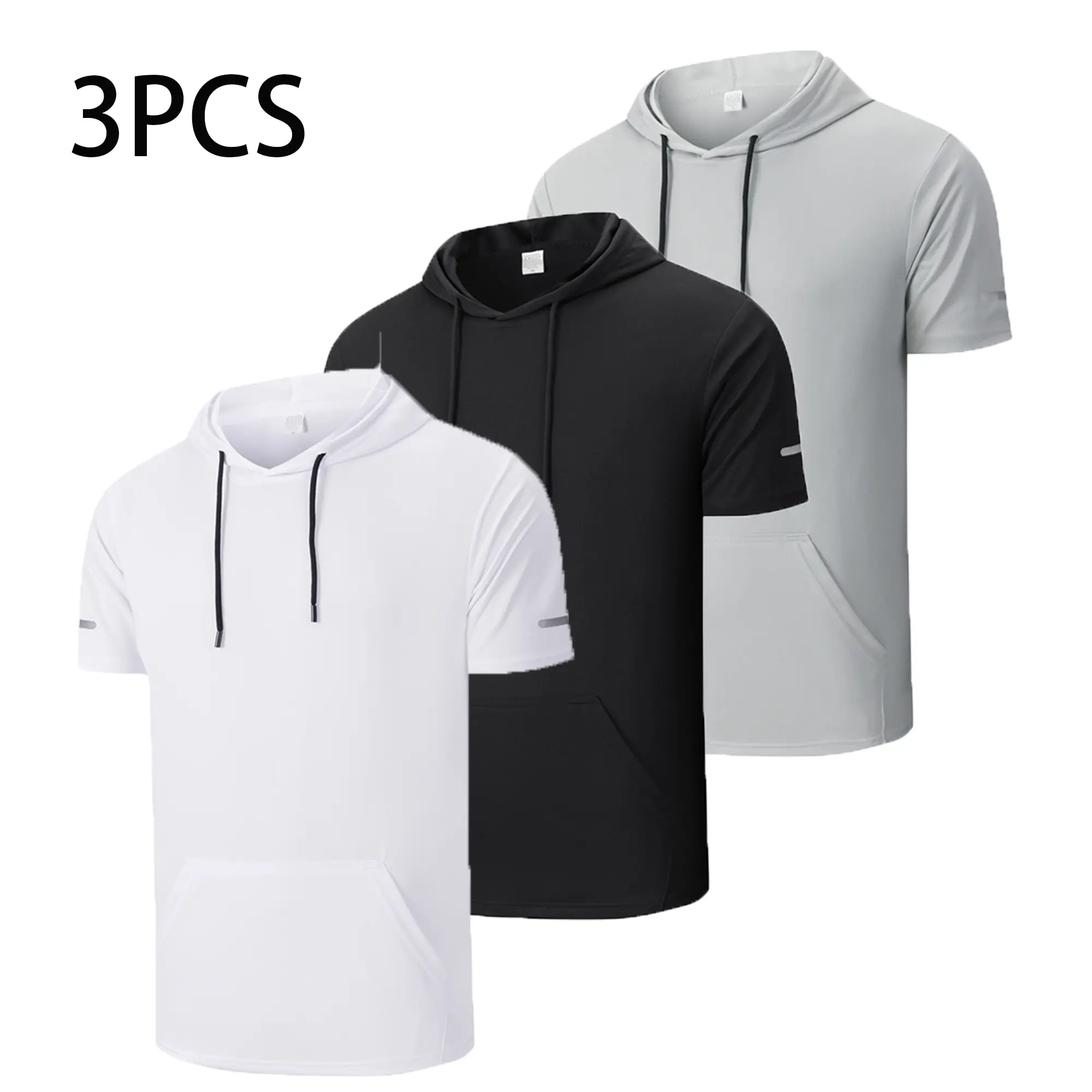 Male 3-Pack Polyester Hooded Short-Sleeve Athletic Fitness T-Shirts, Quick-Dry, Breathable, Reflective Stripes, Gym Daily Wear, Boosts Visibility for Running