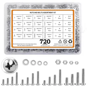 Stainless Steel Nuts and  Assortment Kit, 720 count Machine Screw #10-24#8-32#6-32#4-40  Phillips Pan  Assorted Screw Set with Nuts and Flat Washers, Hardware Assortment with Case