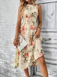 Women's Floral Print Frill Trim Shirred Ruffle Hem Tank Dress, Boho Sleeveless Round Neck A Line Midi Dress for Beach Holiday Vacation, Ladies Summer Casual Wear Clothes, Bohemian Print Dresses