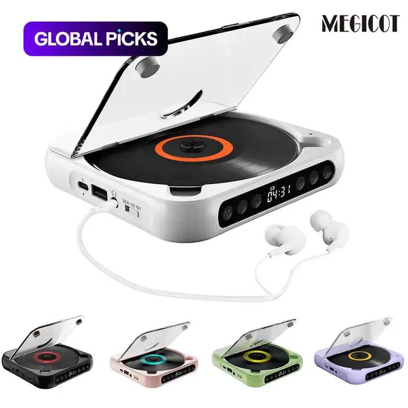 MEGICOT Portable Compact Bluetooth-Compatible CD Player, Multifunction Rechargeable CD Player with LED Display, Portable Speaker CD Music Player for Home and Outdoor Use #GLOBAL PICKS