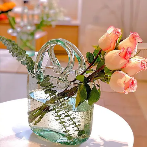 Handmade Blue Glass Purse Floral Vase - 10in Wide Mouth Bubble Artistic Decorative Piece, Entryway Decor Centerpiece for Flower Bouquets, Flower Arrangement Accent, Floral Vases