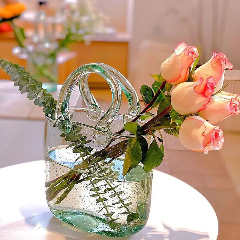 Handmade Transparent Blue Glass Purse Floral Ornament - 10in Wide Mouth Bubble Artistic Decor, Entryway Centerpieces Vases, Colored Flower Vase Arrangements Accent for Home Supplies