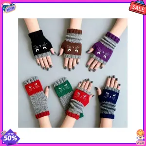 2026 New Arrival Women’s Cat Embroidery Fingerless Knitted Gloves + Unisex Fall Beanie – Cozy Winter Warm Handwear Set, TikTokShopBlackFriday Christmas