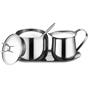 Stainless Steel Creamer and Sugar Bowl Set with Lid Spoon Tray, Latte Milk Cream Jug for Coffee Serving and Frothing Milk