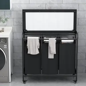 3 Bag Laundry Basket Sorter Heavy Duty Rolling Lockable Wheels Laundry Hamper Cart with Ironing Board and Removable Bags, Black Household Organiser Large Waterproof section dirty clothes