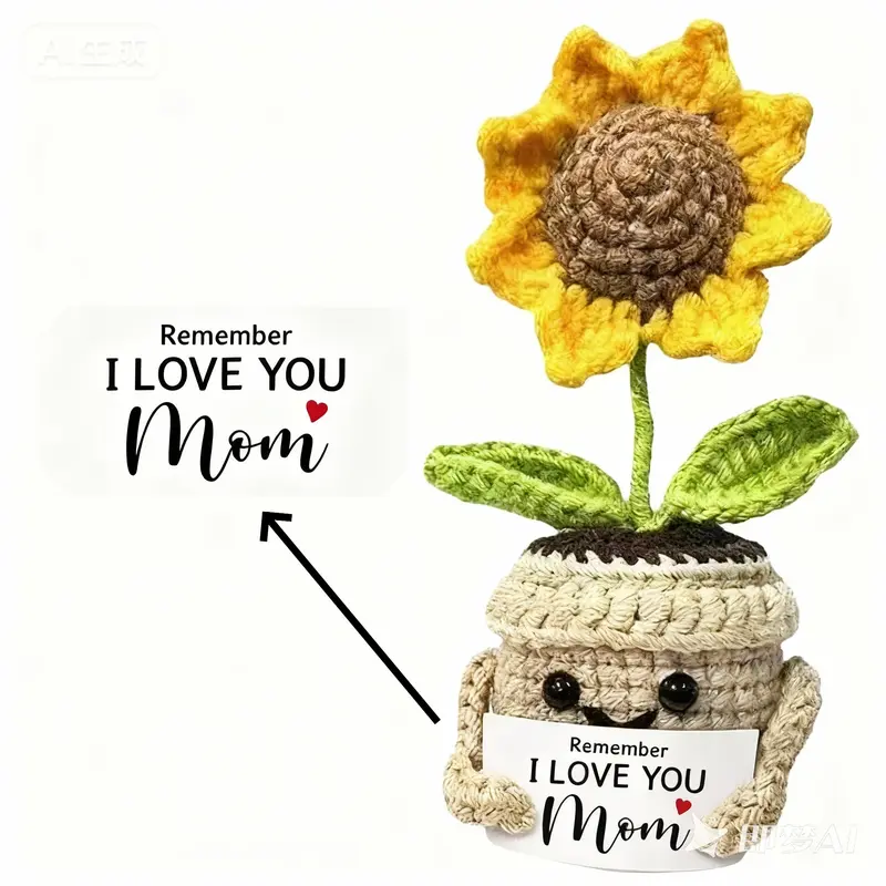 Handmade Crochet Sunflower Gift for Mom from Daughter Son with I Love You Mom Card Small Positive Plant Decor for Birthdays Mothers Day