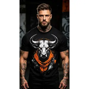 Orange Tactical Bull Warrior T Shirt Streetwear Graphic Tee For Fans Fierce Bull With Weapons And Tactical Gear Casual Top With Bold Ink Design