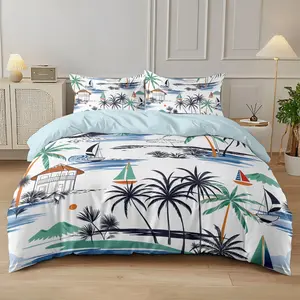 3-piece quilt cover set (1 quilt cover +2 pillowcases, no core) Hand-painted style island vacation palm tree sailing sea view beach house printed soft and comfortable bedding, suitable for all rooms