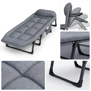 6-position adjustable folding bed with a sturdy steel frame and a soft padded mattress. Ideal for quick naps in the office or outdoor camping, and easy to carry.