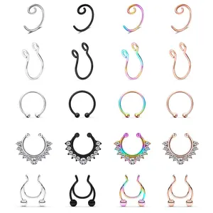 OIDEA Faux Nose Septum Lip Ring Set 20G 316L Stainless Steel Cubic Zirconia Rhinestone Diamond Non-Piercing Clip-On Jewelry 20PCS