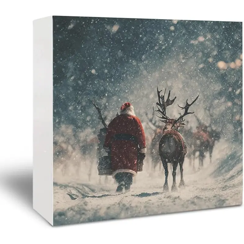 Santa Christmas Wooden Sign - Vintage Christmas Reindeer Holiday Decor, Rustic Xmas Wooden Box Sign for Home Kitchen Bathroom Table Desk Shelf Decoration, 5x5 Inch
