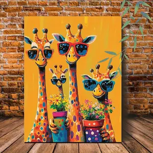 A vibrant giraffe canvas art with a wooden frame - beautiful glasses and flowers, ready to hang on bedroom or living room walls - a beautiful gift for art lovers, giraffe decoration