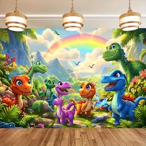 Party Banner with Cartoon Dinosaur Patterns, Polyester Material, Home Room Wall Decor, Party Background Prop, Gift Idea, Birthday Party Decorations