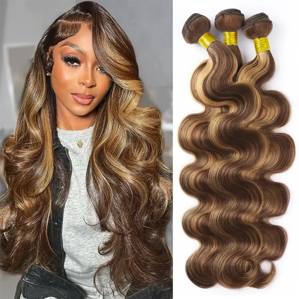Asakiss P4/27 Honey Blonde Body Wave Bundles 99J Burgundy Colored Human Hair Bundles Highlight Hair Extensions for Sew In Body Wave Bundles With 2x6 4x4 Csloure