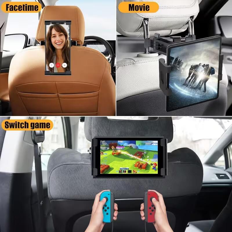 3In1 Car Headrest Tablet Holder for iPad/Phones, 360° Rotating Adjustable Trip Essentials, Black Color, ABS Material, Universal Fit for 4.7-11 Inch Devices, Easy Installation