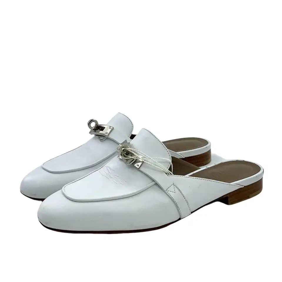 RDLT-Hermes Oz White Leather Kelly Silver Buckle Flat Mules SIZE 36-J37678