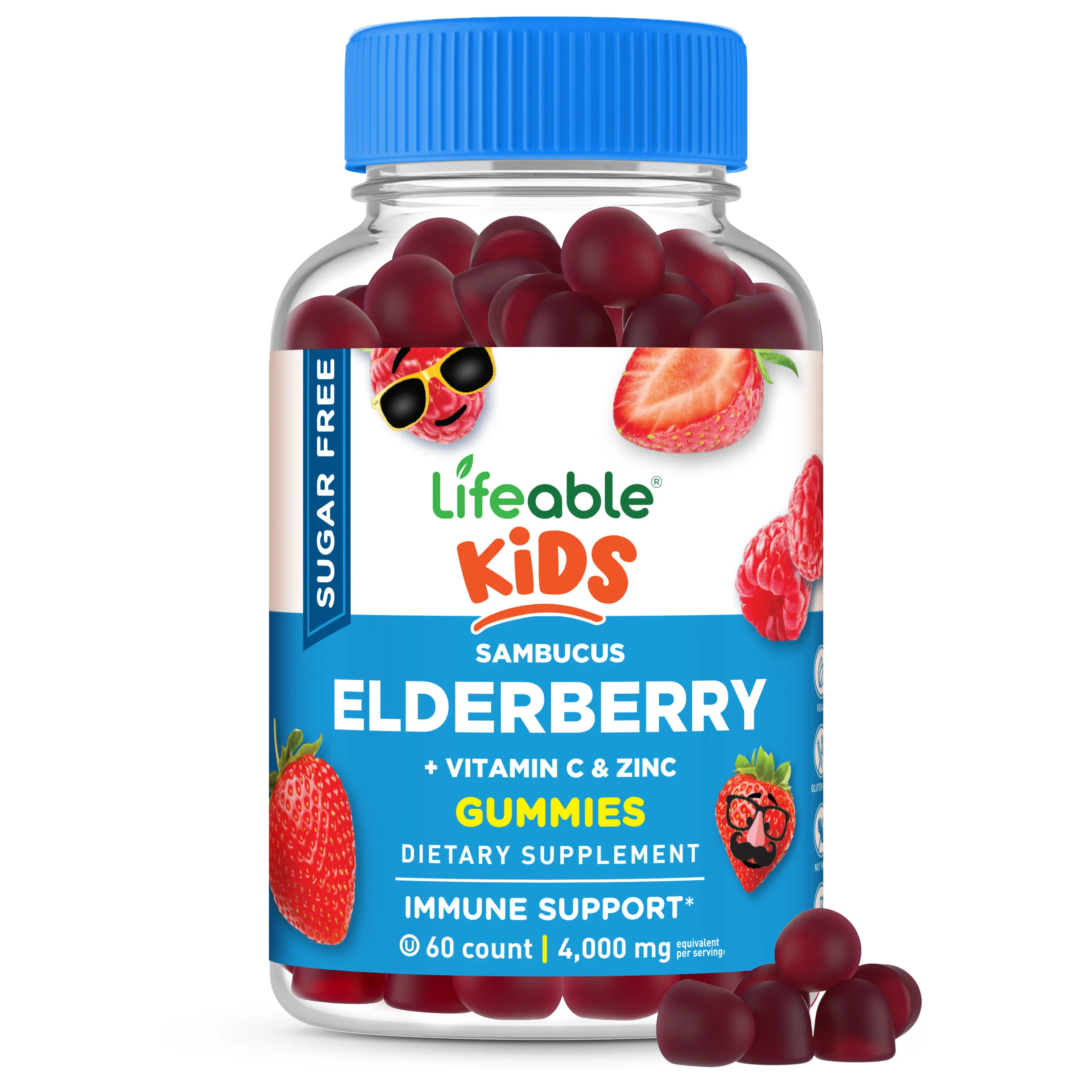 Lifeable Children's Sugar-Free Natural Immune Support Dietary Supplement - Elderberry Gummies with Vitamin C, Zinc, 60-Count, GMO-Free, Kosher Halal