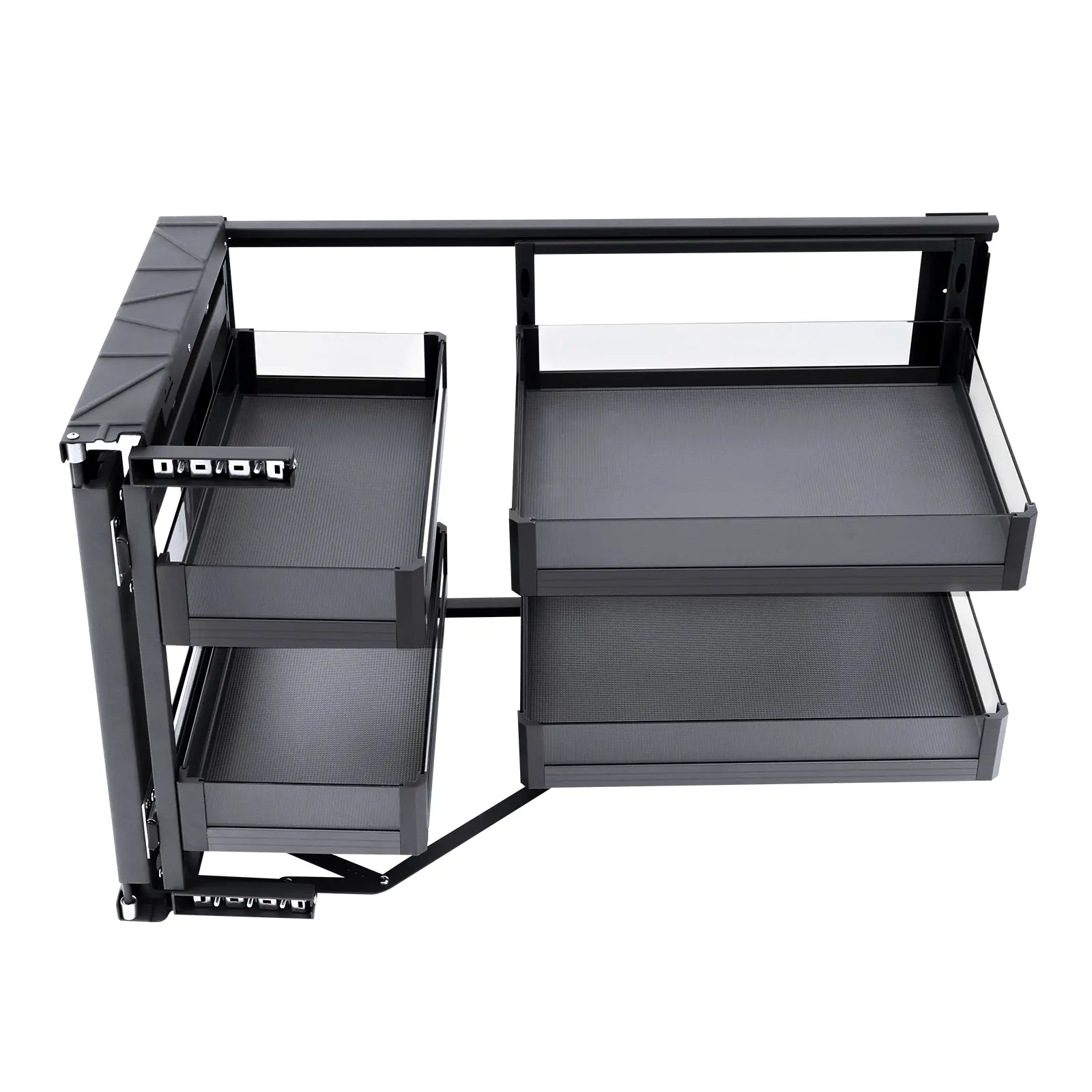 Heavy Duty Pull Out Corner Cabinet Organizer Racks - Adjustable Iron-Aluminum Frame, Tempered Glass Shelves, 10-15kg Per Basket & 18.8kg (41.5 lbs) Total Capacity, Full Extension, 86.3×45.7×53.3 cm, for Pots & Pans, Assembly Required, Glass-Compatible