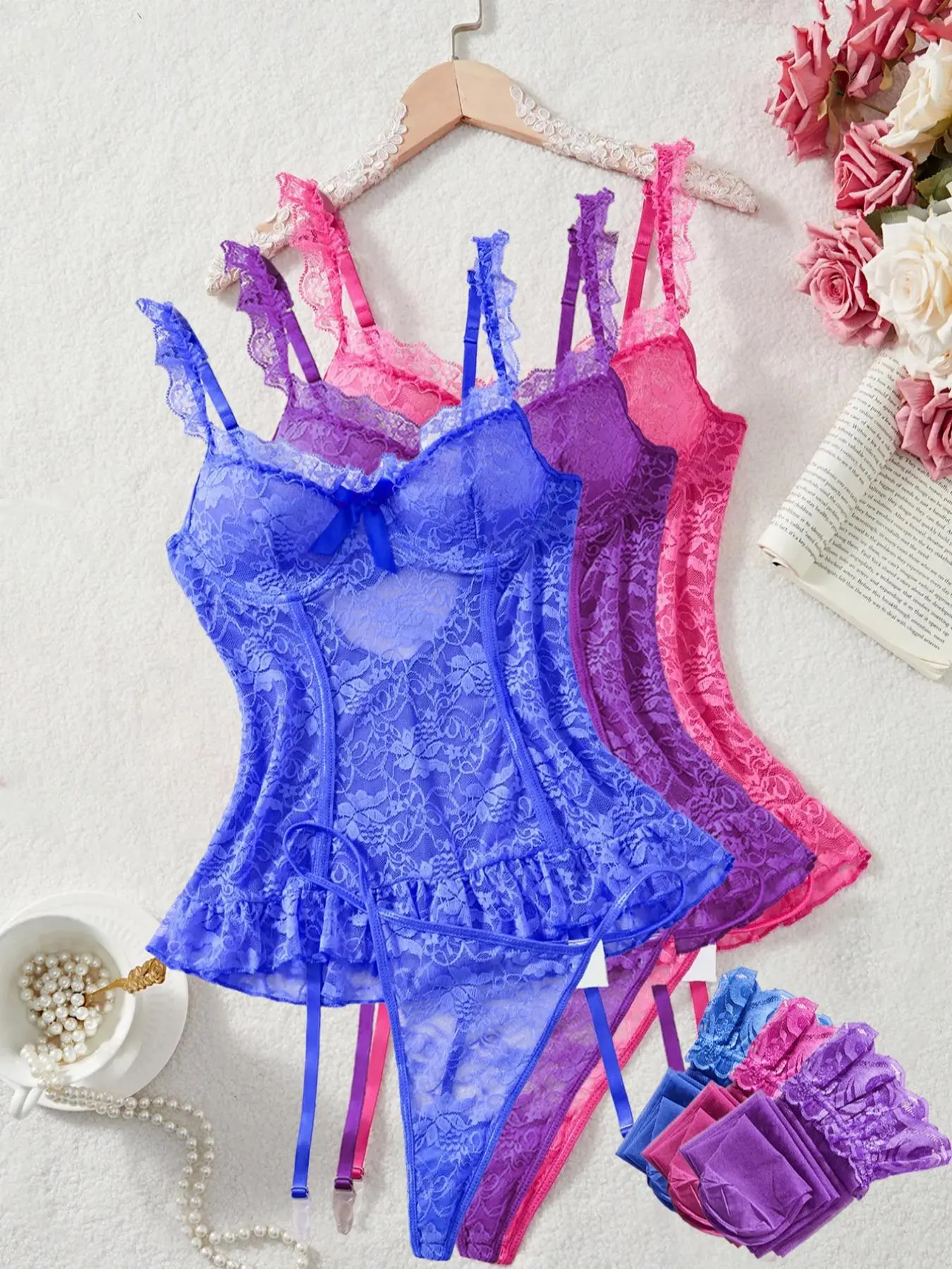 baddie pajama pants Underwear Set Temptation Lace thong with steel rims Sexy Underwear Set lingerie soft breathable floral bow front gift garterbelt sheer hot bustier lovers Women Womenswear Deep Purple Bridal  Halloween