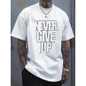 100%25 Cotton A Men'S Casual Cotton T-Shirt With The Words "Never Give Up" Printed On It - Crew Neck, Slight Elasticity, Knitted Fabric, Regular Version, Summer Short-Sleeved T-Shirt Suitable For Adults, good graphic tee