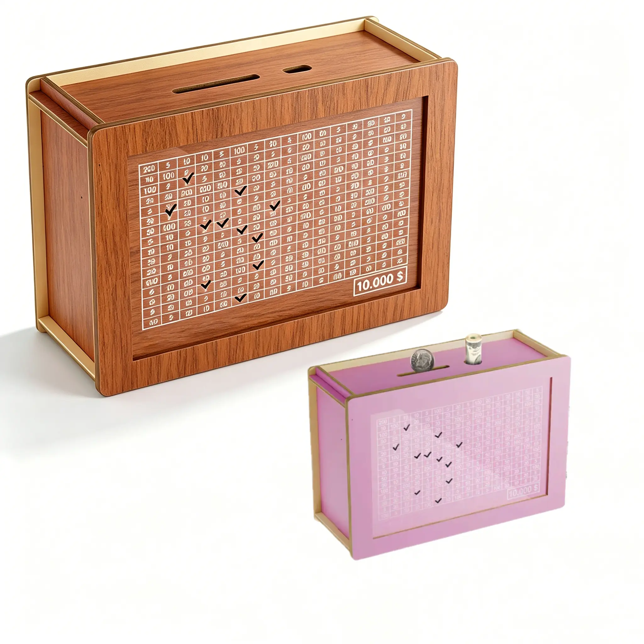 Wooden 10000 Dollar Savings Challenge Box, Reusable Countdown Money Bank with Tracking Grid Marker, Durable Wood Piggy Bank for Wedding Travel Study Fund, Perfect Gift for Teens Adults