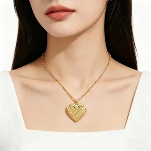 Vintage Gold Heart Locket Necklace Engraved Floral Photo Pendant | Aesthetic Victorian Jewelry for Women | Waterproof Stainless Steel