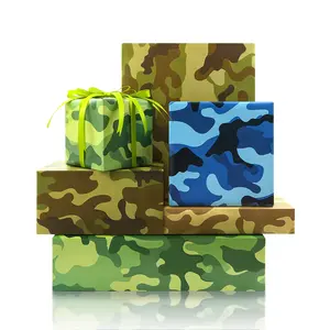 Army Military Camo Camouflage in Various Shades of Brown Blue Green Wrapping Paper 4 Foled Flat Sheets in 4 Designs 15 sq. ft. ttl. With Matched Green 22m Silk Ribbon, Gift Wrap For Men Boys Kids Birthday Christmas Outdoor Party