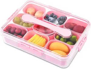 Pink Portable Snack Box Container with Handles | Divided Serving Tray with Lid for Veggie, Candy and Nuts Organizer Charcuterie Boxes for All Ages,