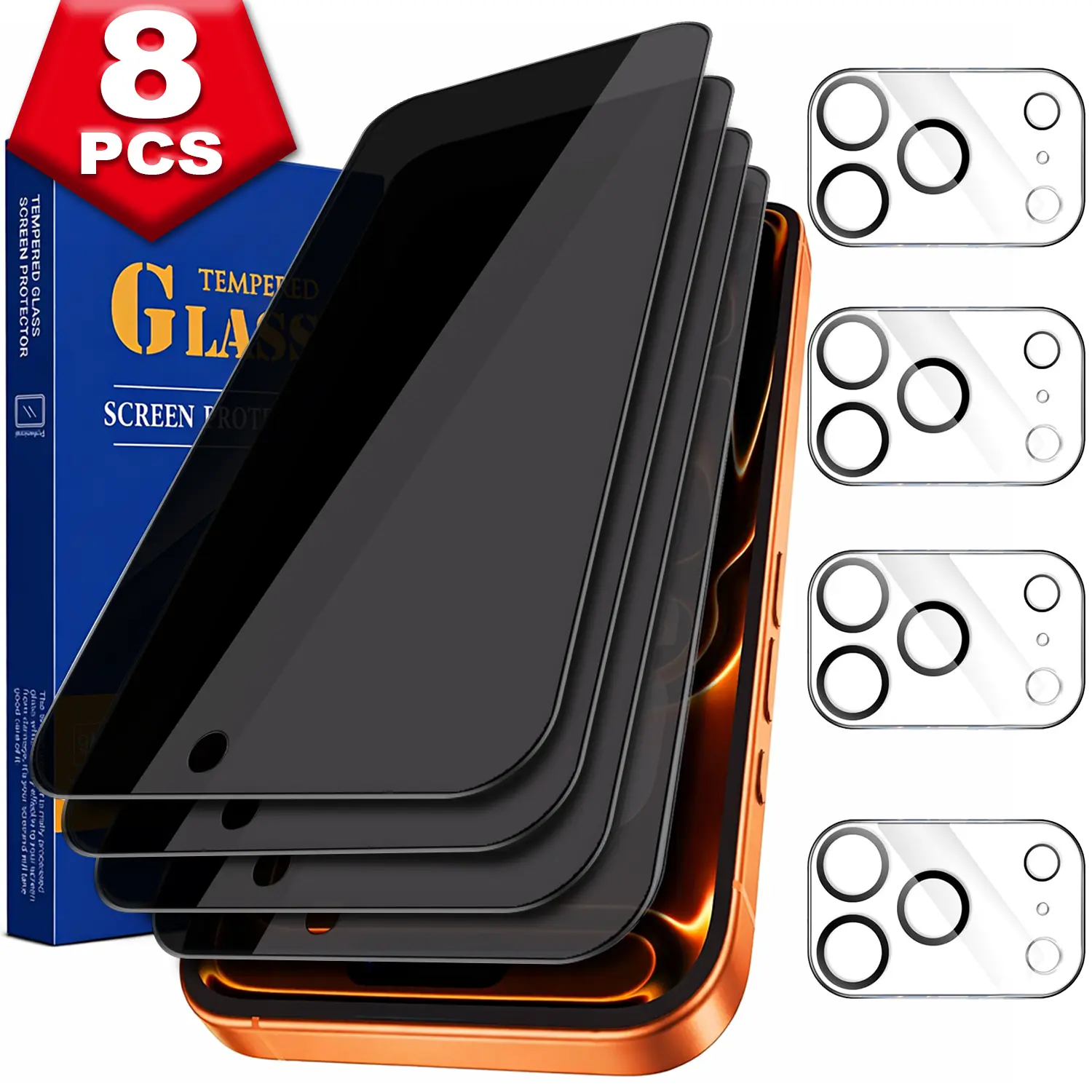 [4+4 Pcs Set] Privacy Screen Protector with Camera Lens Protector for iPhone 17 16 15 14 13 12 11 Pro Max Plus, Anti-Spy Tempered Glass Screen & Camera Protector