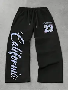 Men's Casual Loose-Fit Graphic Sweatpants, California Pattern Print, Drawstring Wide Leg Pants, All-Season Comfortable Men's Clothing