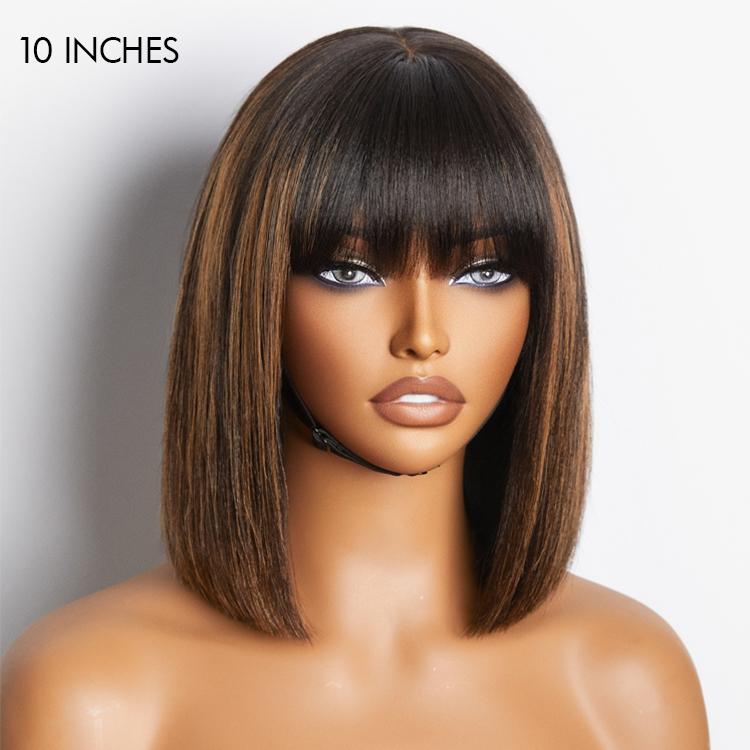 Put On And Go Reddish Purple Layered Cut Yaki Straight Minimalist Lace Bob Wig With Bangs 100% Human Hair